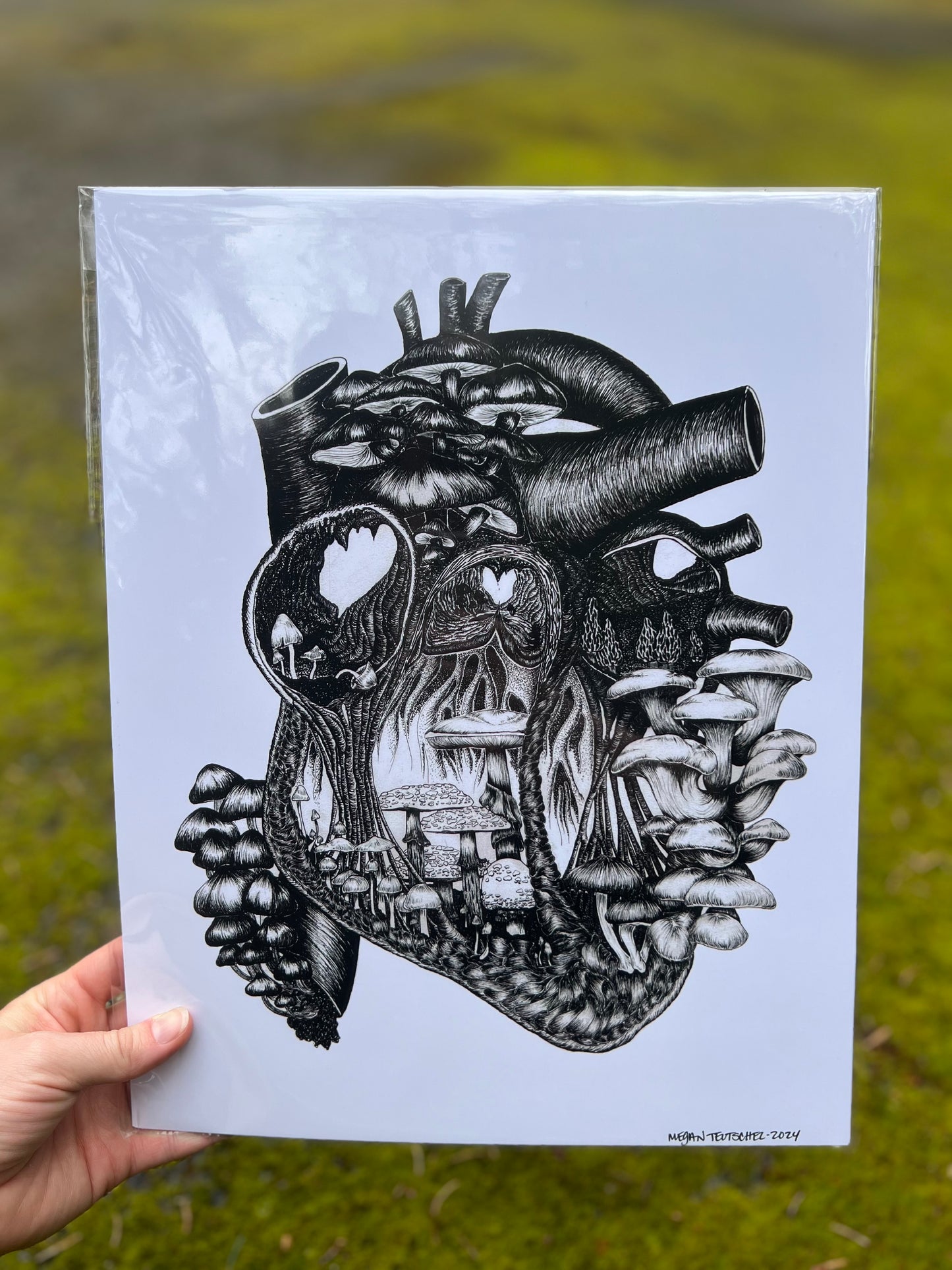 Magic Mushroom Heart (Black and White) Print