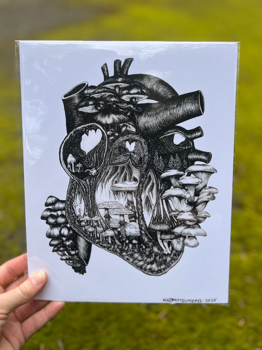 Magic Mushroom Heart (Black and White)